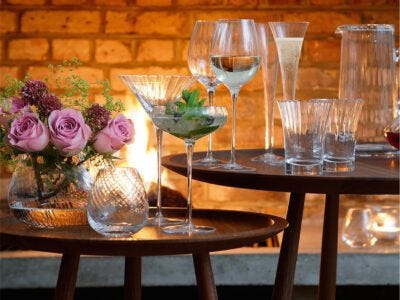 LSA Aurelia glassware in front of a fire