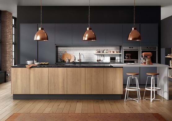 Sheraton Inset Cube kitchen in Dark Blue and New England Oak Woodgrain. Features handleless cabinets and copper accents 