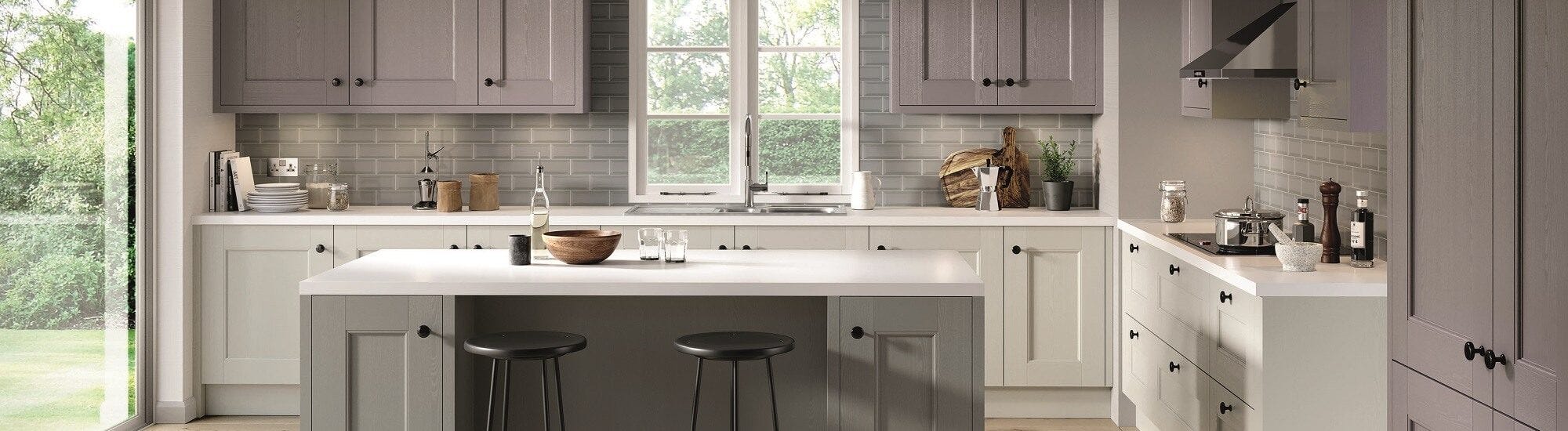 Shaker manor house kitchen in white and grey colour scheme 