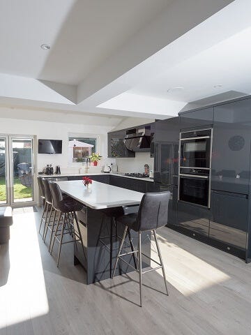 modern Inline gloss kitchen in grey colour scheme with built in appliances and island