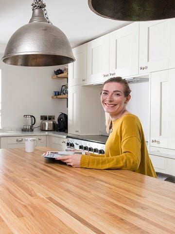 Painted kitchen with wooden worktop island and breakfast bar