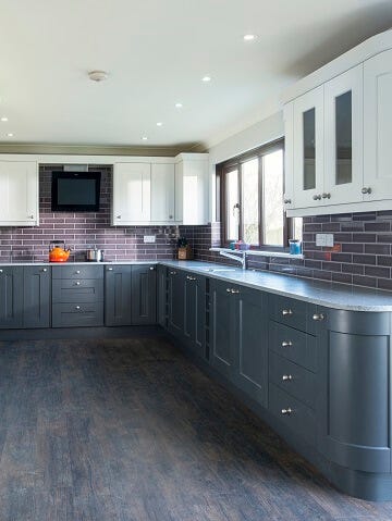 contemporary modern kitchen with two tone cabinets in grey and white colour scheme 
