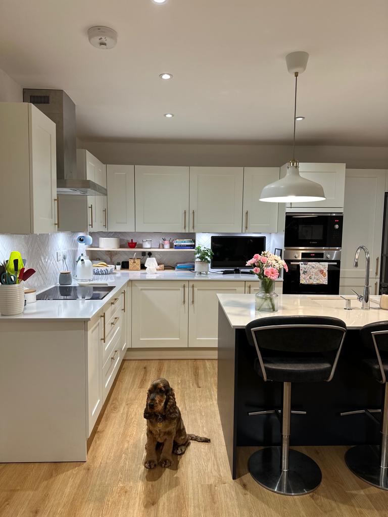 white and indigo shaker kitchen 