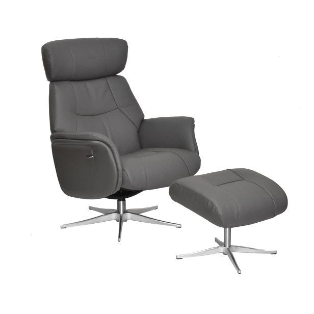 Casa Porto Leather Recliner Swivel Chair & Footstool, Charcoal