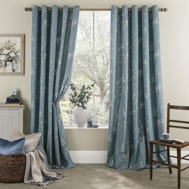 Laura Ashley Pussy Willow Eyelet Curtains, 223 x 182cm, Dark Seaspray