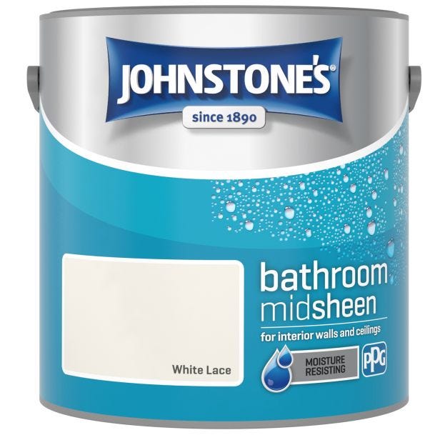 Johnstone's Bathroom Mid Sheen Finish Emulsion Paint, 2.5 Litre, White Lace