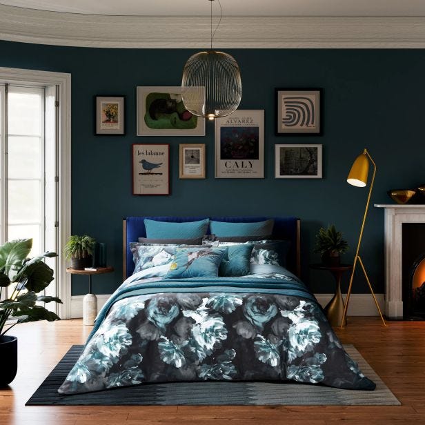 Ted Baker Painted Blooms Duvet Set, Double, Teal & Black