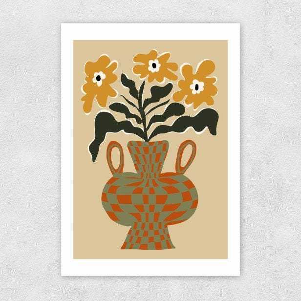 Vintage Flower Vase with Check Printed Artwork by Miho Art Studio, A2