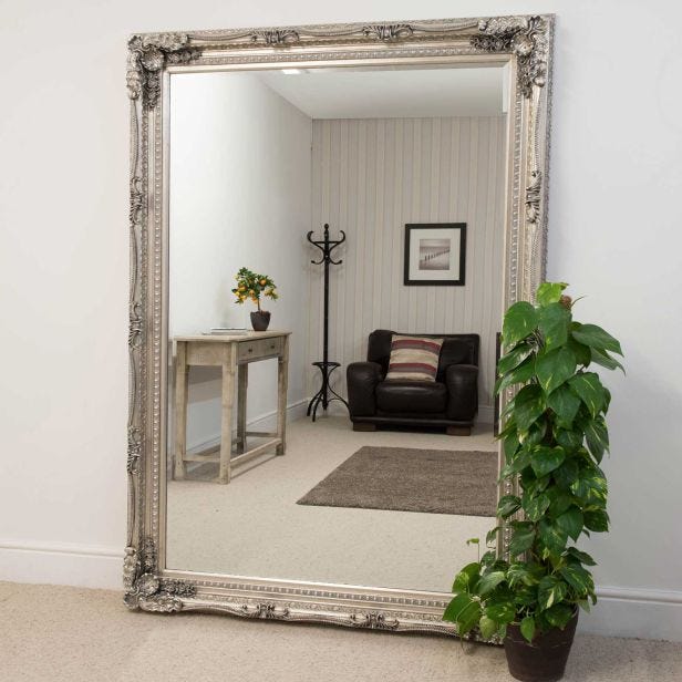 Mirror Outlet Carved Louis Leaner Mirror, 215x154cm, Silver