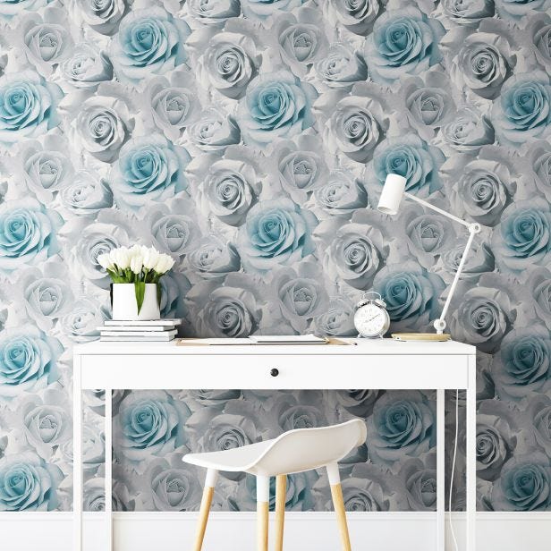 Muriva Madison Rose Floral Bloom Wallpaper, Blue