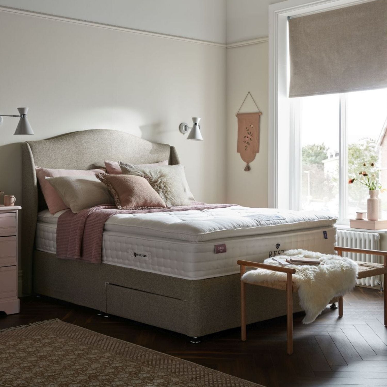 Grey divan top bed with drawers