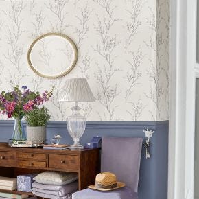 Laura Ashley Pussy Willow Wallpaper, Off White / Steel