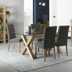 Casa Toledo Glass Table & 6 Upholstered Chairs Dining Set, Light Oak