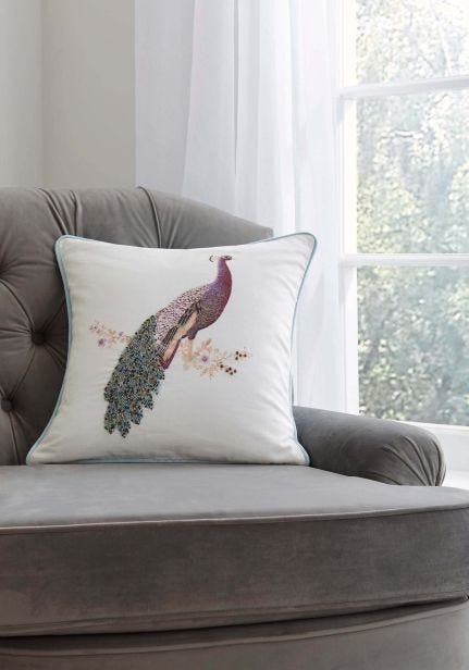 Laura Ashley Peacock Beaded Cushion, Duck Egg